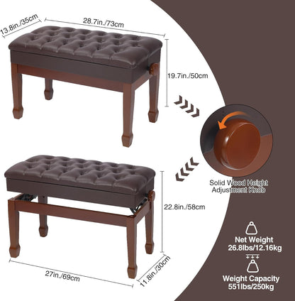 Adjustable Duet Piano Bench with Storage, 28.7" Duet Keyboard Seat