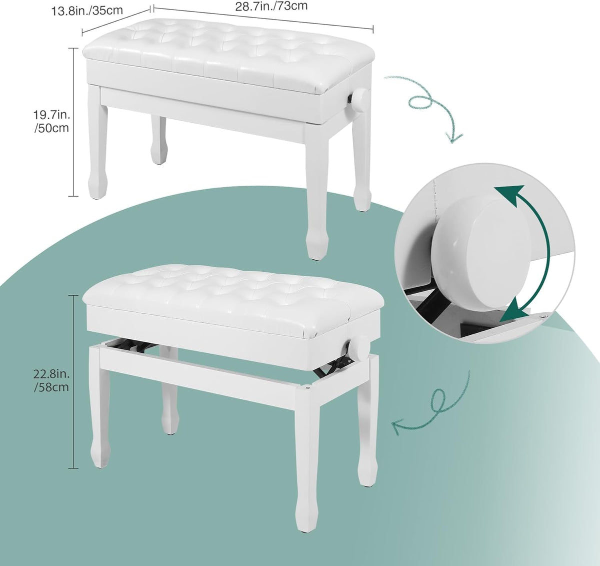 Adjustable Duet Piano Bench with Storage, 28.7" Duet Keyboard Seat
