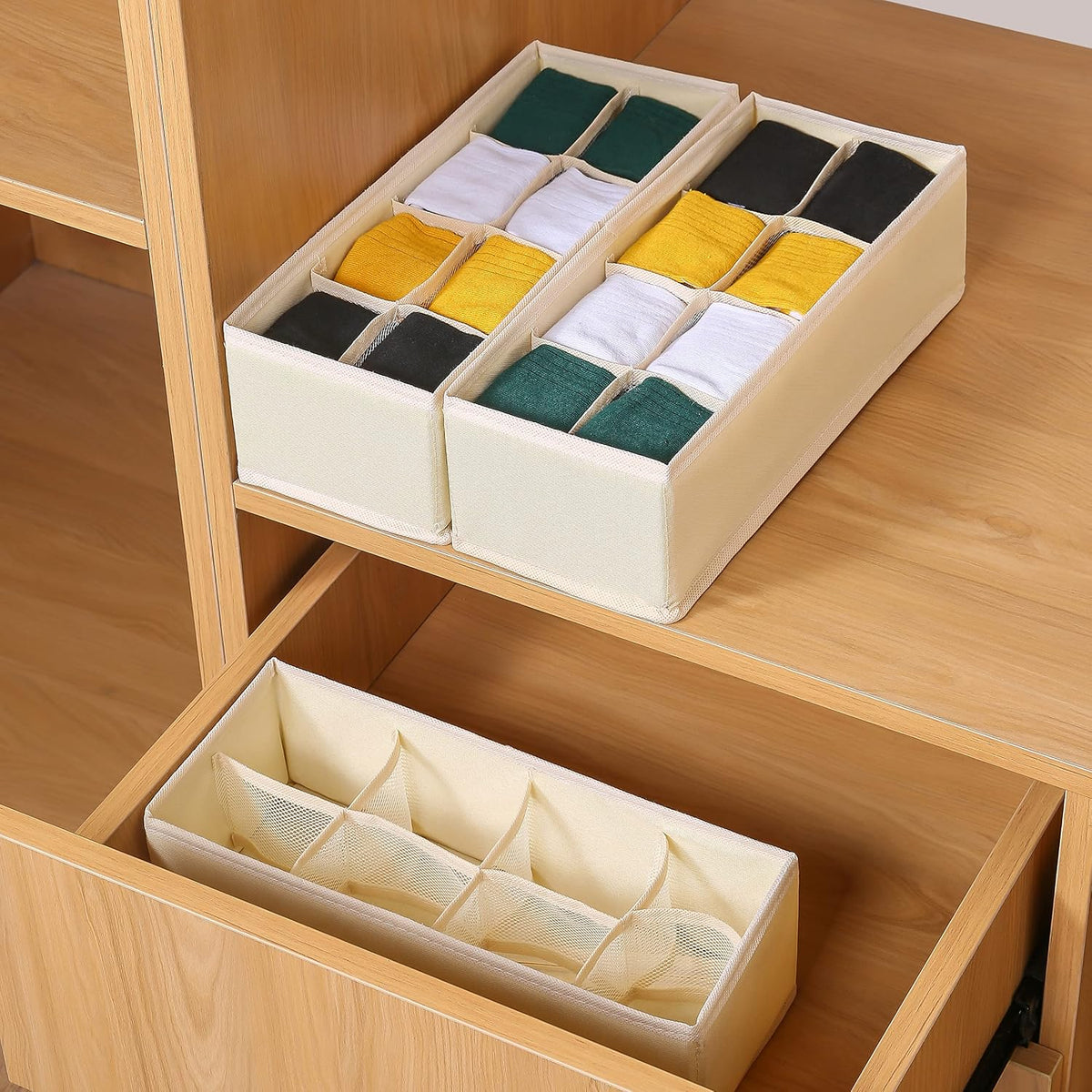 3 Pack Sock Underwear Drawer Organizer Dividers, Collapsible Cabinet Closet Storage Boxes for Clothes, Socks, Lingerie, Underwear, Tie, Belt, Baby, Bedroom