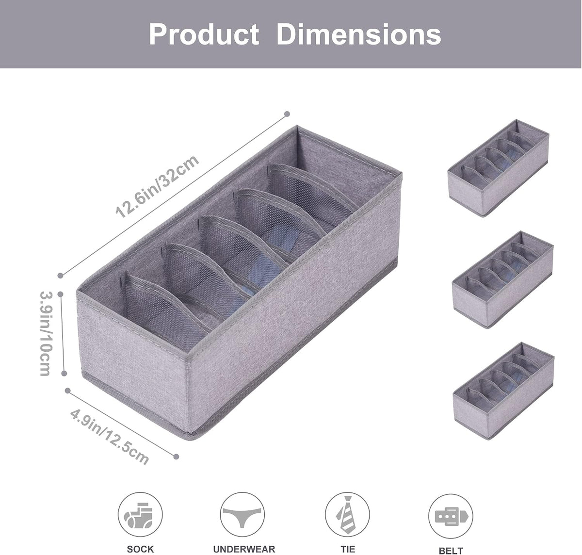 3 Pack Sock Underwear Drawer Organizer Dividers, Collapsible Cabinet Closet Storage Boxes for Clothes, Socks, Lingerie, Underwear, Tie, Belt, Baby, Bedroom