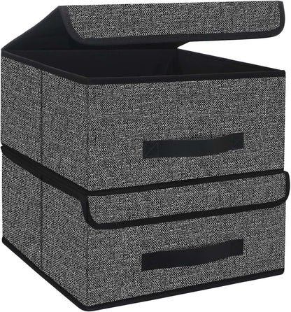 Foldable Storage Bins Cubes Boxes with Lid - Storage Box Cube Cubby Basket Closet Organizer Pack of 2 with Leather Handles for Closet Bedroom, 13" x 13", Linen-like Grey, MXDLB2P