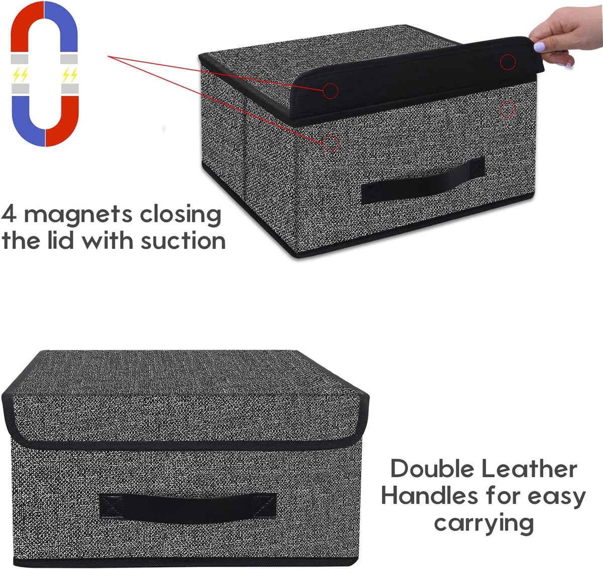 Foldable Storage Bins Cubes Boxes with Lid - Storage Box Cube Cubby Basket Closet Organizer Pack of 2 with Leather Handles for Closet Bedroom, 13" x 13", Linen-like Grey, MXDLB2P