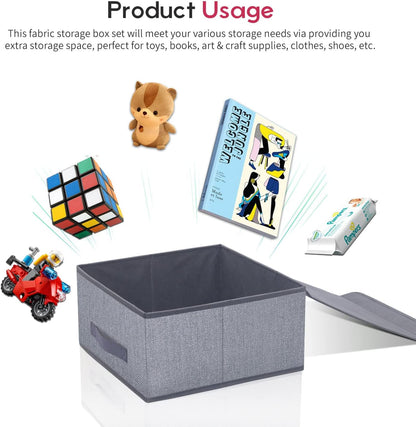 Foldable Storage Bins Cubes Boxes with Lid - Storage Box Cube Cubby Basket Closet Organizer Pack of 2 with Leather Handles for Closet Bedroom, 13" x 13", Linen-like Grey, MXDLB2P