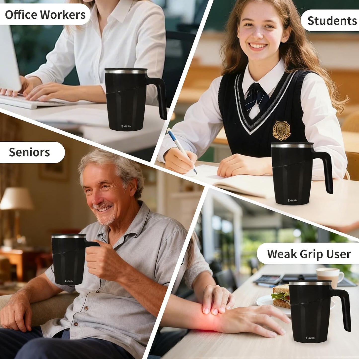 Anti-Impact No-Tip Desk Mug, 470ml / 15.9oz Stainless Steel Vacuum Insulated Mug with Handle, Smart Suction Base, Non-Slip & Knock Proof, Helps Prevent Desk Spills for Coffee, Tea, Kids & Pets (Black)