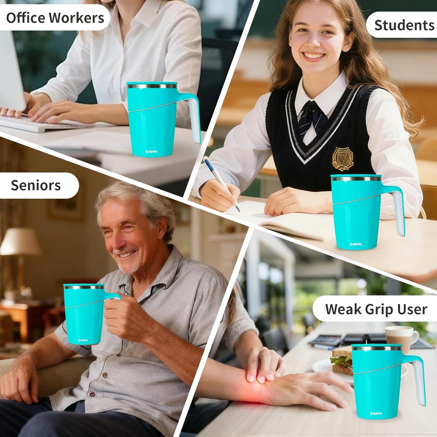 Anti-Impact No-Tip Desk Mug, 470ml / 15.9oz Stainless Steel Vacuum Insulated Mug with Handle, Smart Suction Base, Non-Slip & Knock Proof, Helps Prevent Desk Spills for Coffee, Tea, Kids & Pets (Black)