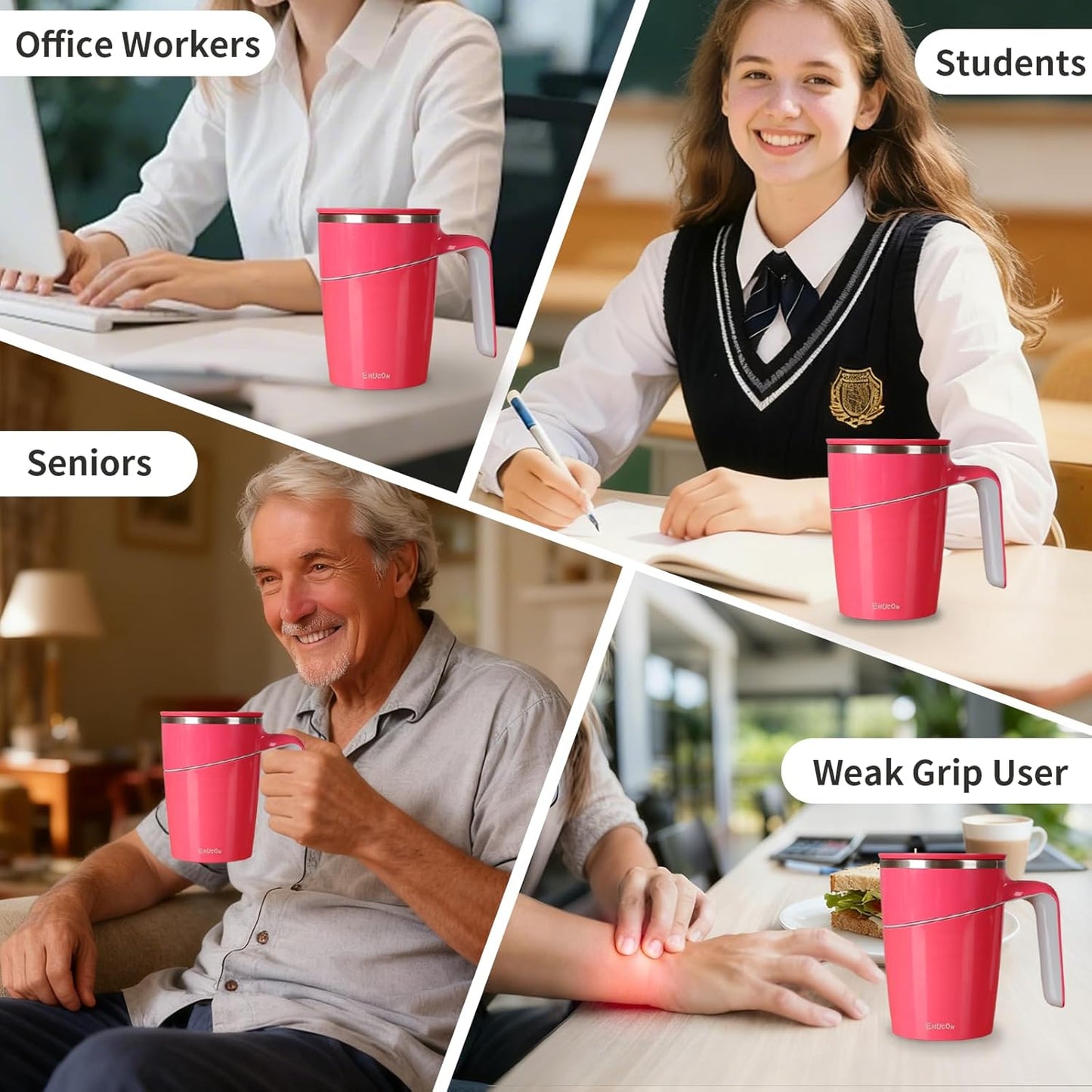 Anti-Impact No-Tip Desk Mug, 470ml / 15.9oz Stainless Steel Vacuum Insulated Mug with Handle, Smart Suction Base, Non-Slip & Knock Proof, Helps Prevent Desk Spills for Coffee, Tea, Kids & Pets (Black)