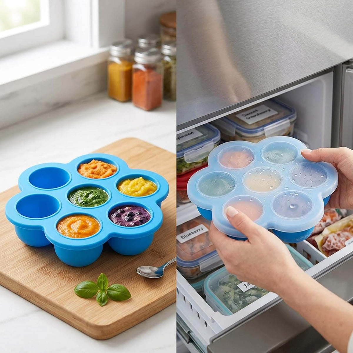 Silicone Baby Food Freezer Tray with Lids, 5-Pack 7-Cavity Mini Soft Ice Cube Molds for Homemade Baby Puree, Breast Milk Storage & Ice Cubes..