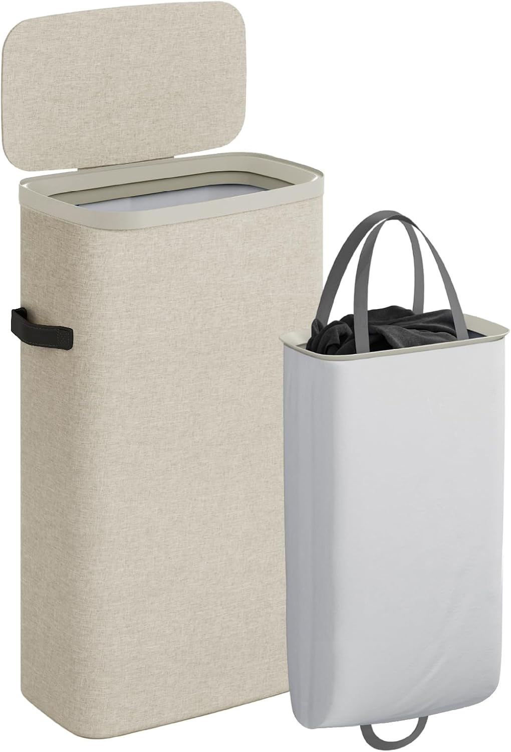 Laundry Basket with Lid, Laundry Hamper 2 Section, 170L collapsible Laundry Organizer, Easy Assembly, with Handles and Removable Liners, 22 x 15.7 x 29.5 Inches, Beige JSP903M