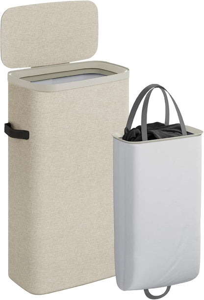 Laundry Basket with Lid, Laundry Hamper 2 Section, 170L collapsible Laundry Organizer, Easy Assembly, with Handles and Removable Liners, 22 x 15.7 x 29.5 Inches, Beige JSP903M