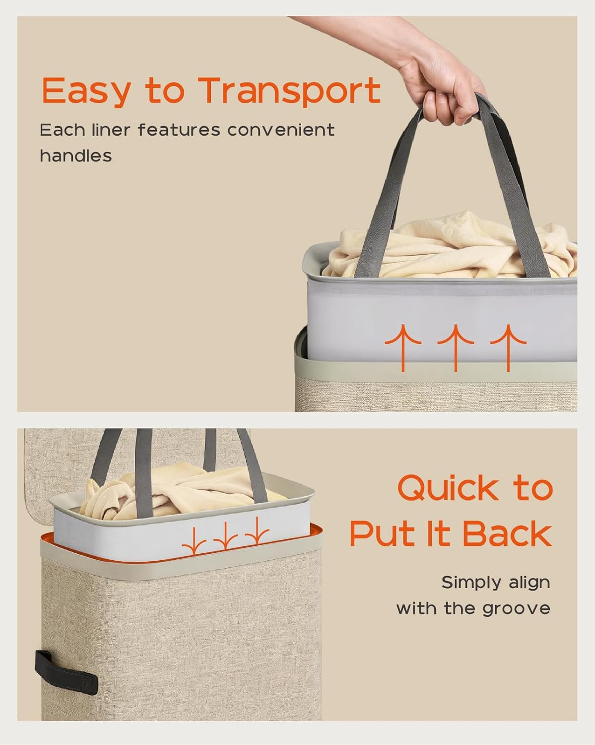 Laundry Basket with Lid, Laundry Hamper 2 Section, 170L collapsible Laundry Organizer, Easy Assembly, with Handles and Removable Liners, 22 x 15.7 x 29.5 Inches, Beige JSP903M