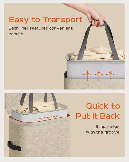 Laundry Basket with Lid, Laundry Hamper 2 Section, 170L collapsible Laundry Organizer, Easy Assembly, with Handles and Removable Liners, 22 x 15.7 x 29.5 Inches, Beige JSP903M