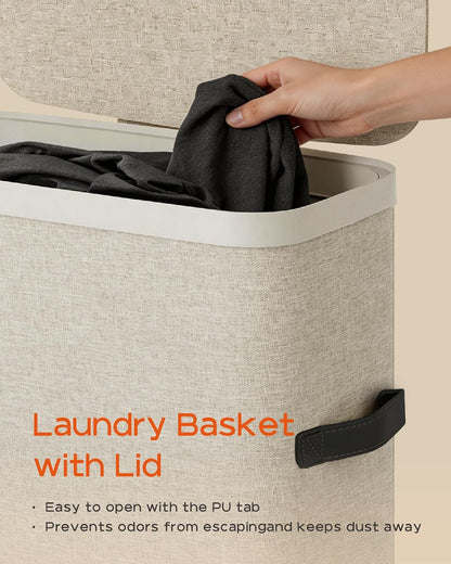 Laundry Basket with Lid, Laundry Hamper 2 Section, 170L collapsible Laundry Organizer, Easy Assembly, with Handles and Removable Liners, 22 x 15.7 x 29.5 Inches, Beige JSP903M