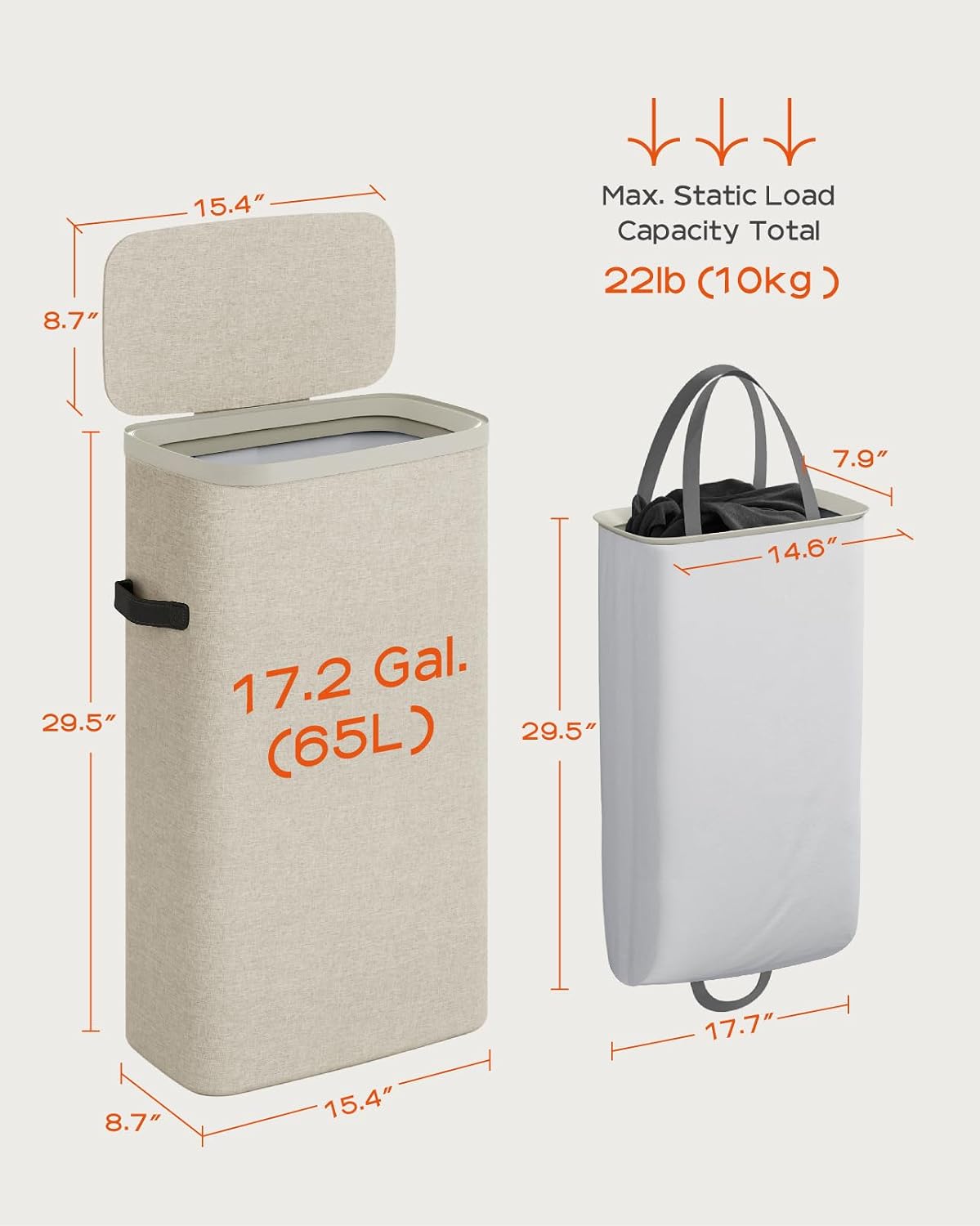 Laundry Basket with Lid, Laundry Hamper 2 Section, 170L collapsible Laundry Organizer, Easy Assembly, with Handles and Removable Liners, 22 x 15.7 x 29.5 Inches, Beige JSP903M