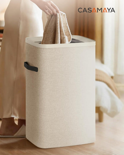 Laundry Basket with Lid, Laundry Hamper 2 Section, 170L collapsible Laundry Organizer, Easy Assembly, with Handles and Removable Liners, 22 x 15.7 x 29.5 Inches, Beige JSP903M