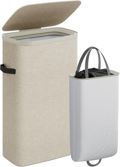Laundry Basket with Lid, Laundry Hamper 2 Section, 170L collapsible Laundry Organizer, Easy Assembly, with Handles and Removable Liners, 22 x 15.7 x 29.5 Inches, Beige JSP903M