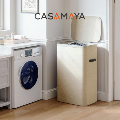 Laundry Basket with Lid, Laundry Hamper 2 Section, 170L collapsible Laundry Organizer, Easy Assembly, with Handles and Removable Liners, 22 x 15.7 x 29.5 Inches, Beige JSP903M