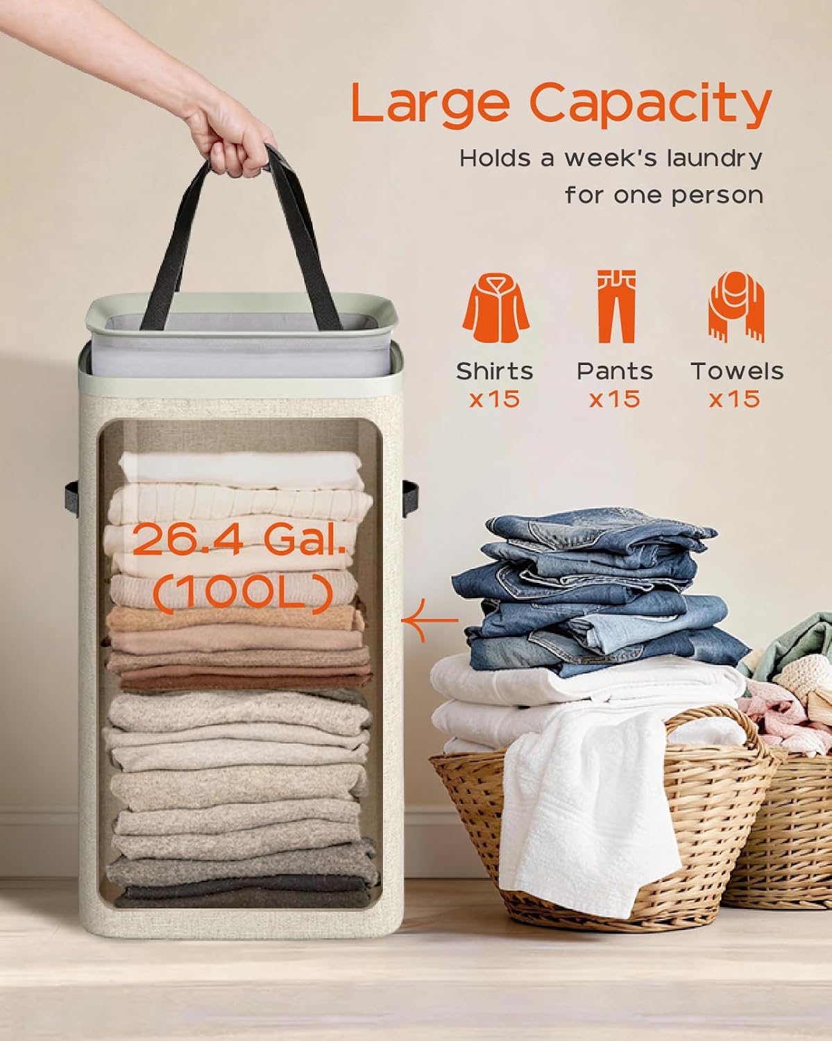 Laundry Basket with Lid, Laundry Hamper 2 Section, 170L collapsible Laundry Organizer, Easy Assembly, with Handles and Removable Liners, 22 x 15.7 x 29.5 Inches, Beige JSP903M