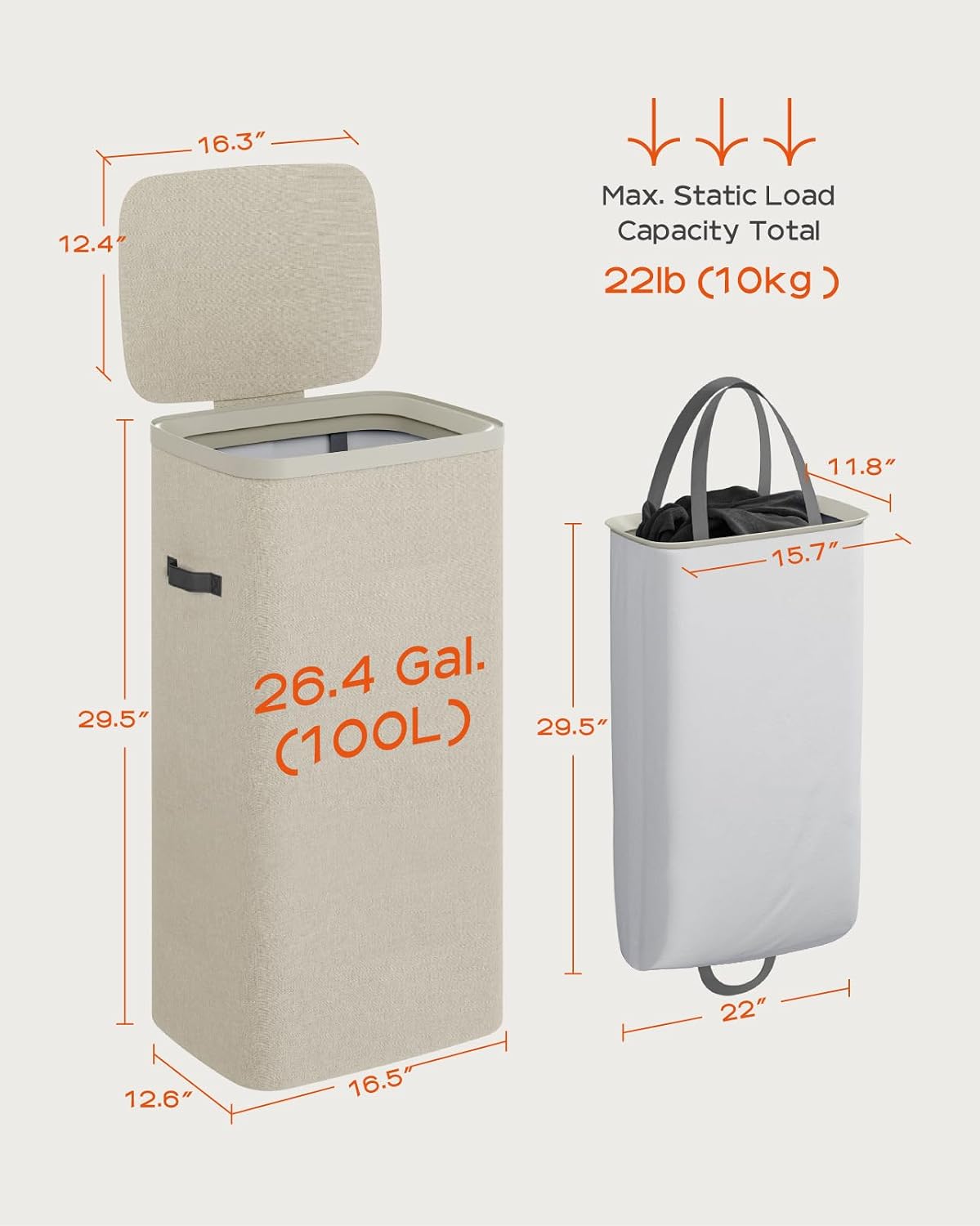 Laundry Basket with Lid, Laundry Hamper 2 Section, 170L collapsible Laundry Organizer, Easy Assembly, with Handles and Removable Liners, 22 x 15.7 x 29.5 Inches, Beige JSP903M