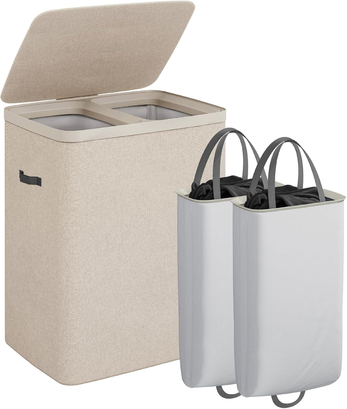 Laundry Basket with Lid, Laundry Hamper 2 Section, 170L collapsible Laundry Organizer, Easy Assembly, with Handles and Removable Liners, 22 x 15.7 x 29.5 Inches, Beige JSP903M