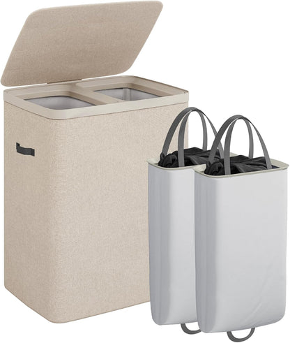 Laundry Basket with Lid, Laundry Hamper 2 Section, 170L collapsible Laundry Organizer, Easy Assembly, with Handles and Removable Liners, 22 x 15.7 x 29.5 Inches, Beige JSP903M