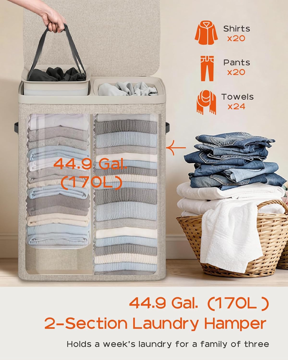 Laundry Basket with Lid, Laundry Hamper 2 Section, 170L collapsible Laundry Organizer, Easy Assembly, with Handles and Removable Liners, 22 x 15.7 x 29.5 Inches, Beige JSP903M