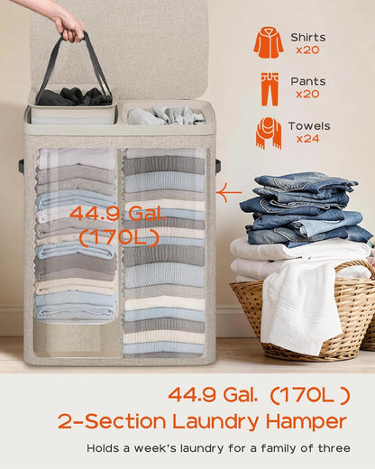 Laundry Basket with Lid, Laundry Hamper 2 Section, 170L collapsible Laundry Organizer, Easy Assembly, with Handles and Removable Liners, 22 x 15.7 x 29.5 Inches, Beige JSP903M