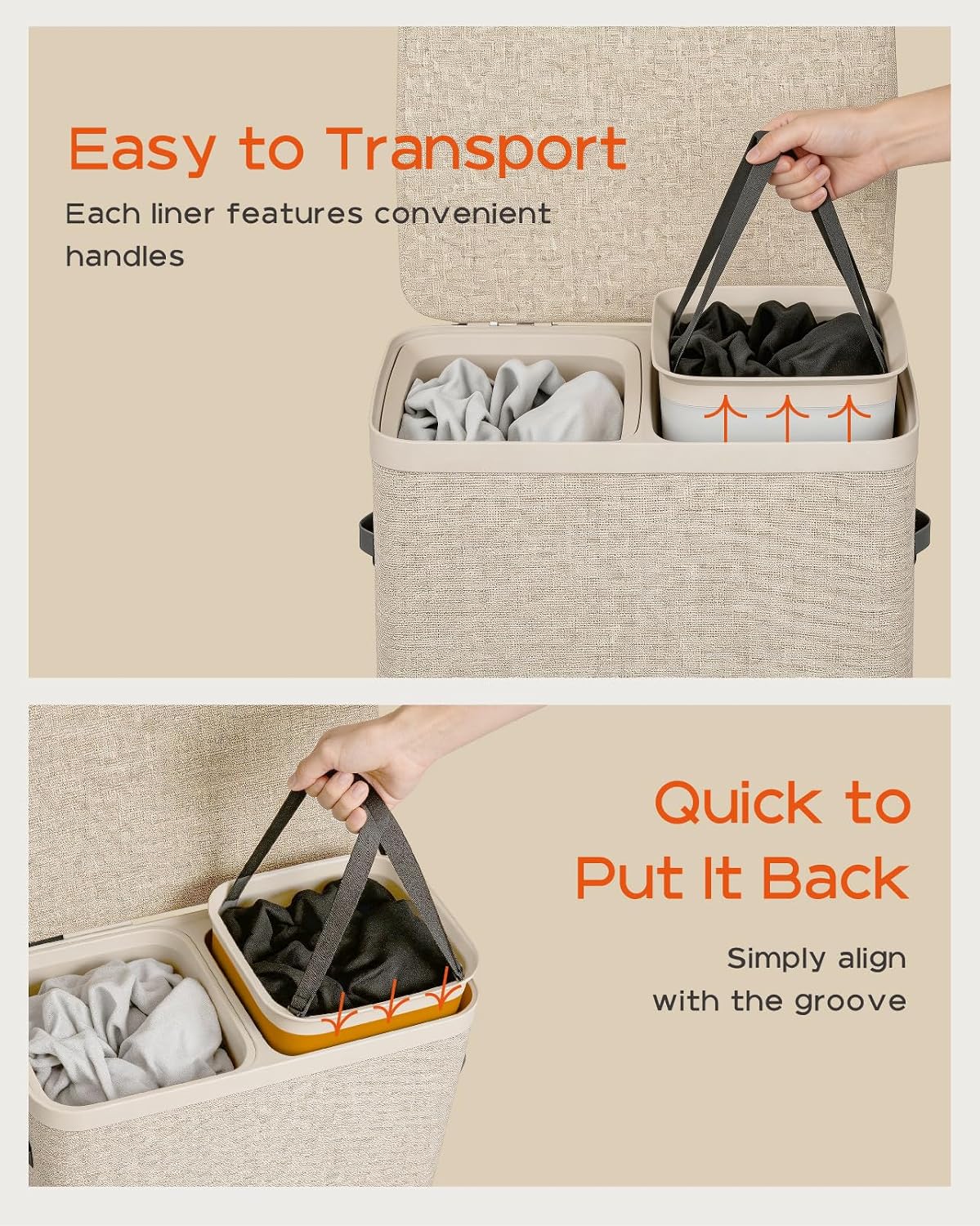 Laundry Basket with Lid, Laundry Hamper 2 Section, 170L collapsible Laundry Organizer, Easy Assembly, with Handles and Removable Liners, 22 x 15.7 x 29.5 Inches, Beige JSP903M