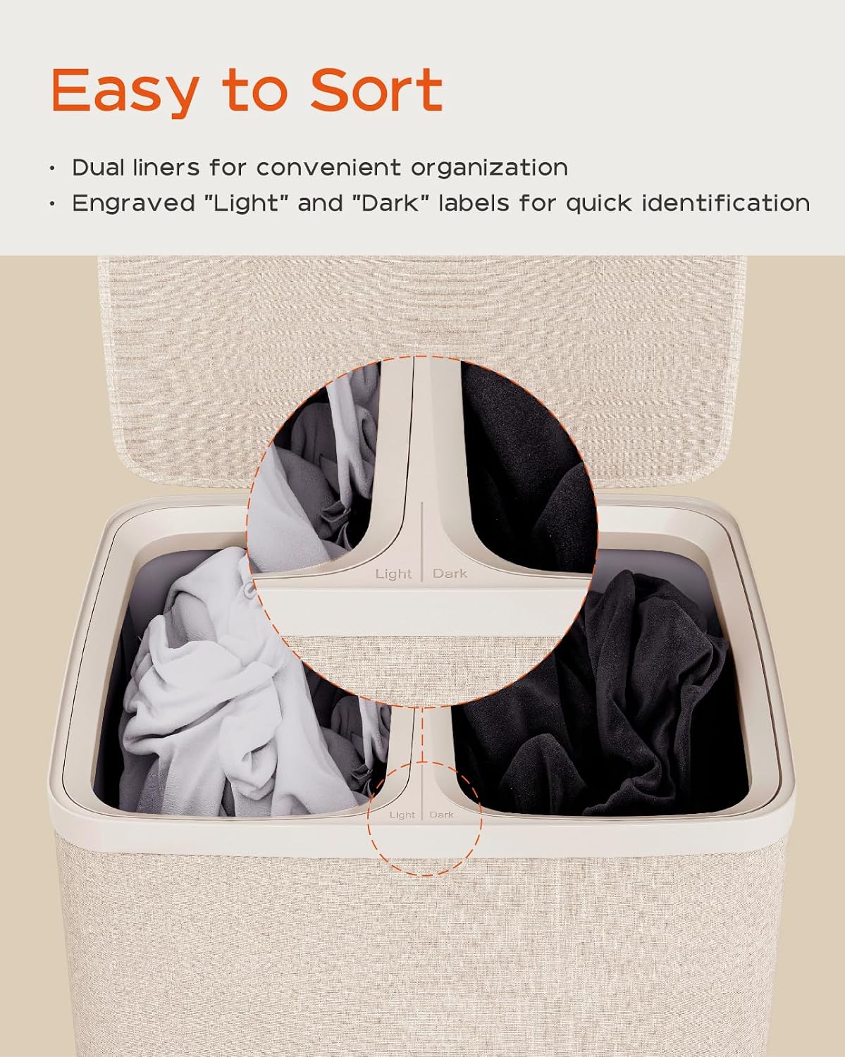 Laundry Basket with Lid, Laundry Hamper 2 Section, 170L collapsible Laundry Organizer, Easy Assembly, with Handles and Removable Liners, 22 x 15.7 x 29.5 Inches, Beige JSP903M