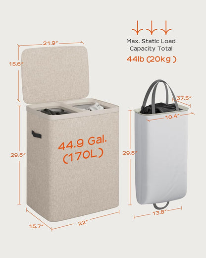 Laundry Basket with Lid, Laundry Hamper 2 Section, 170L collapsible Laundry Organizer, Easy Assembly, with Handles and Removable Liners, 22 x 15.7 x 29.5 Inches, Beige JSP903M