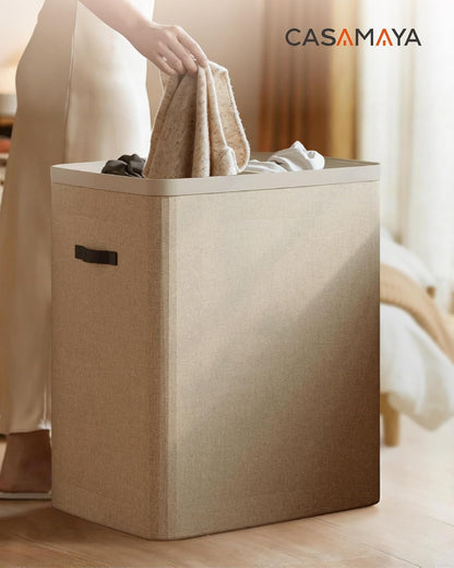 Laundry Basket with Lid, Laundry Hamper 2 Section, 170L collapsible Laundry Organizer, Easy Assembly, with Handles and Removable Liners, 22 x 15.7 x 29.5 Inches, Beige JSP903M