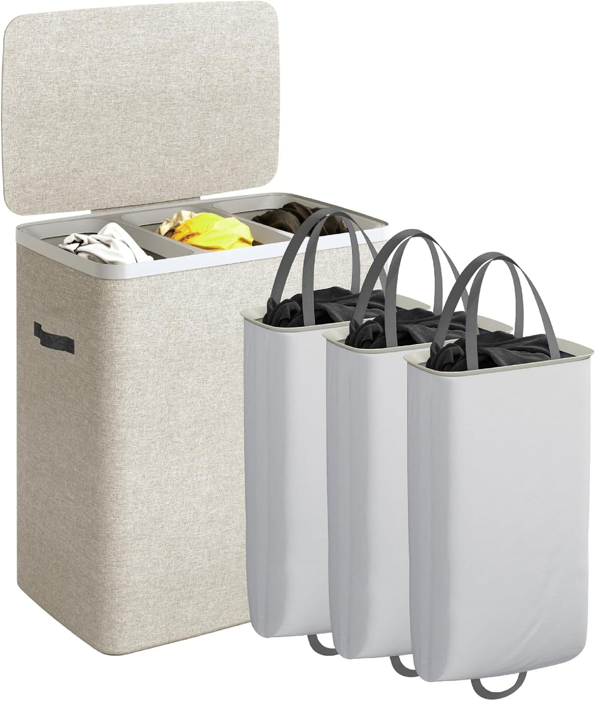Laundry Basket with Lid, Laundry Hamper 2 Section, 170L collapsible Laundry Organizer, Easy Assembly, with Handles and Removable Liners, 22 x 15.7 x 29.5 Inches, Beige JSP903M