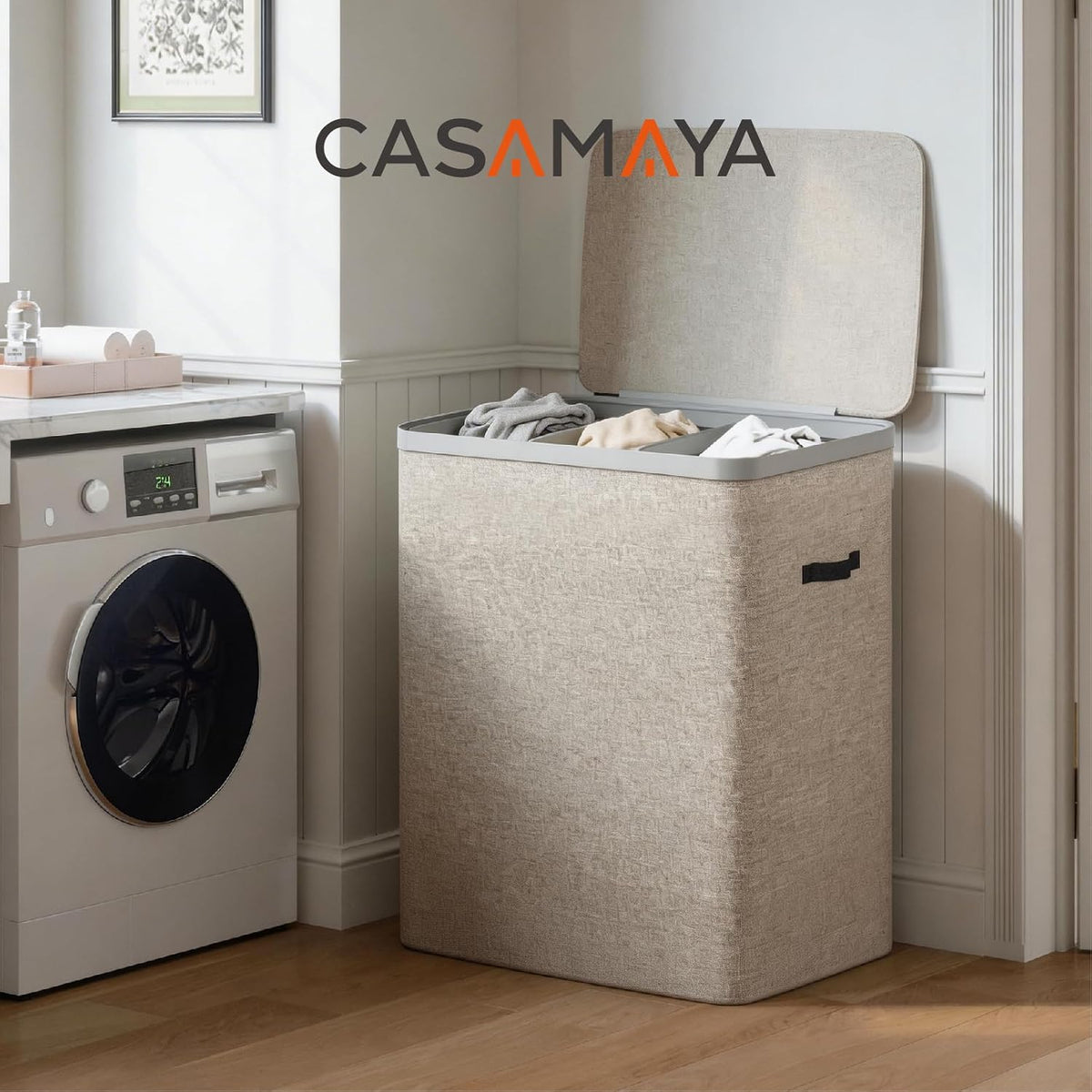 Laundry Basket with Lid, Laundry Hamper 2 Section, 170L collapsible Laundry Organizer, Easy Assembly, with Handles and Removable Liners, 22 x 15.7 x 29.5 Inches, Beige JSP903M