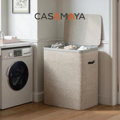 Laundry Basket with Lid, Laundry Hamper 2 Section, 170L collapsible Laundry Organizer, Easy Assembly, with Handles and Removable Liners, 22 x 15.7 x 29.5 Inches, Beige JSP903M