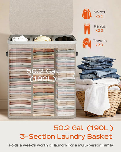 Laundry Basket with Lid, Laundry Hamper 2 Section, 170L collapsible Laundry Organizer, Easy Assembly, with Handles and Removable Liners, 22 x 15.7 x 29.5 Inches, Beige JSP903M