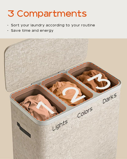 Laundry Basket with Lid, Laundry Hamper 2 Section, 170L collapsible Laundry Organizer, Easy Assembly, with Handles and Removable Liners, 22 x 15.7 x 29.5 Inches, Beige JSP903M