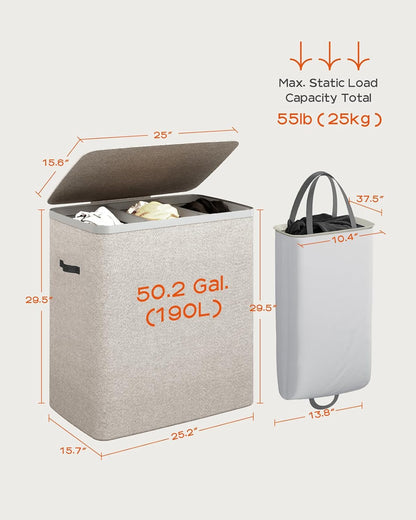 Laundry Basket with Lid, Laundry Hamper 2 Section, 170L collapsible Laundry Organizer, Easy Assembly, with Handles and Removable Liners, 22 x 15.7 x 29.5 Inches, Beige JSP903M