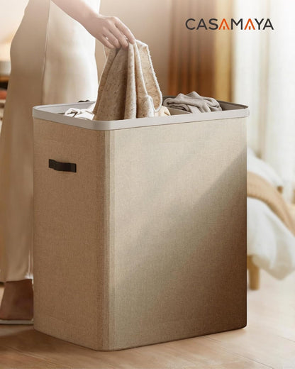 Laundry Basket with Lid, Laundry Hamper 2 Section, 170L collapsible Laundry Organizer, Easy Assembly, with Handles and Removable Liners, 22 x 15.7 x 29.5 Inches, Beige JSP903M
