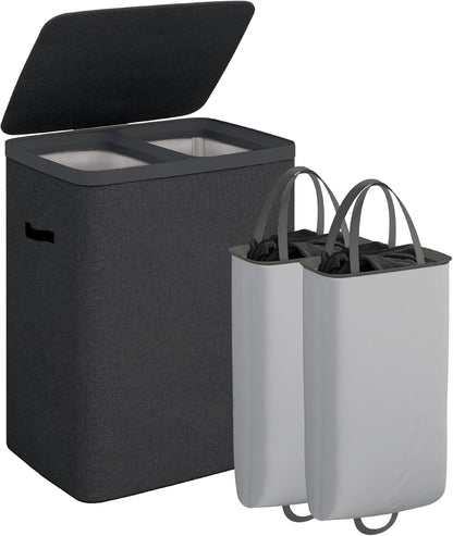 Laundry Basket with Lid, Laundry Hamper 2 Section, 170L collapsible Laundry Organizer, Easy Assembly, with Handles and Removable Liners, 22 x 15.7 x 29.5 Inches, Beige JSP903M