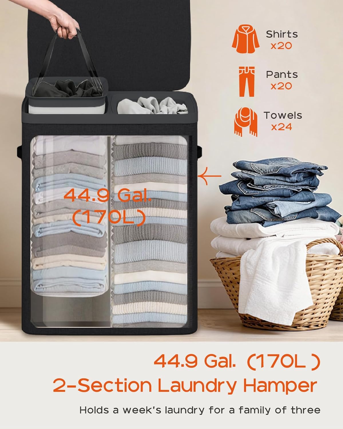 Laundry Basket with Lid, Laundry Hamper 2 Section, 170L collapsible Laundry Organizer, Easy Assembly, with Handles and Removable Liners, 22 x 15.7 x 29.5 Inches, Beige JSP903M