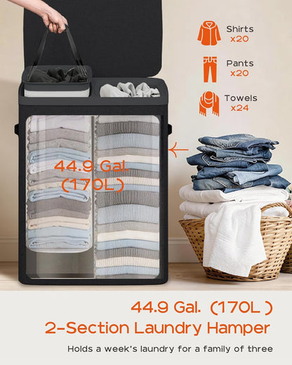 Laundry Basket with Lid, Laundry Hamper 2 Section, 170L collapsible Laundry Organizer, Easy Assembly, with Handles and Removable Liners, 22 x 15.7 x 29.5 Inches, Beige JSP903M