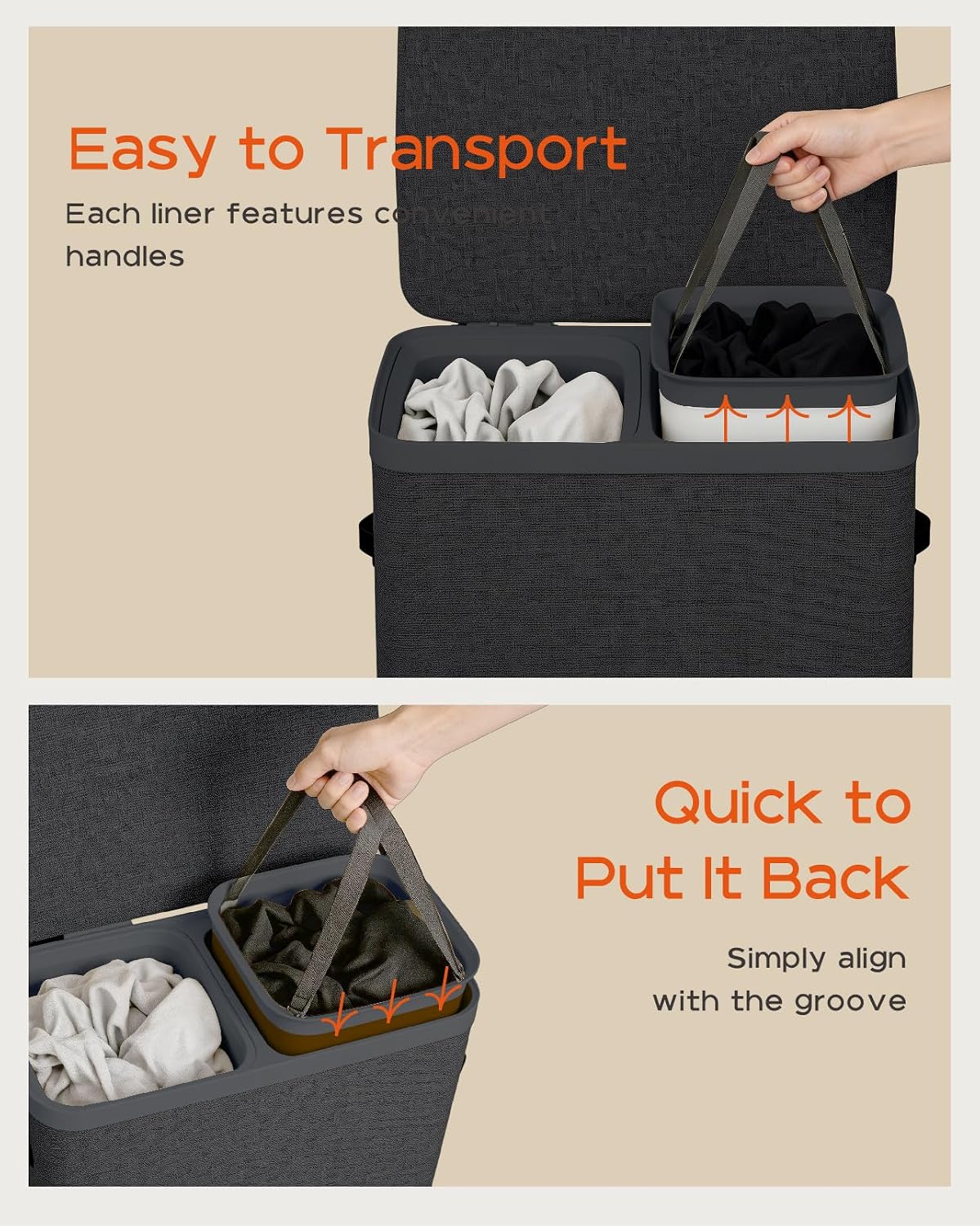 Laundry Basket with Lid, Laundry Hamper 2 Section, 170L collapsible Laundry Organizer, Easy Assembly, with Handles and Removable Liners, 22 x 15.7 x 29.5 Inches, Beige JSP903M