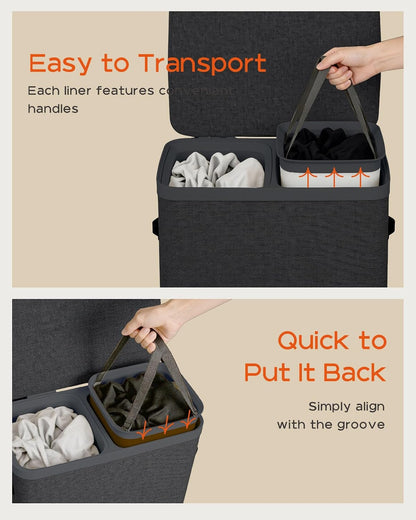 Laundry Basket with Lid, Laundry Hamper 2 Section, 170L collapsible Laundry Organizer, Easy Assembly, with Handles and Removable Liners, 22 x 15.7 x 29.5 Inches, Beige JSP903M