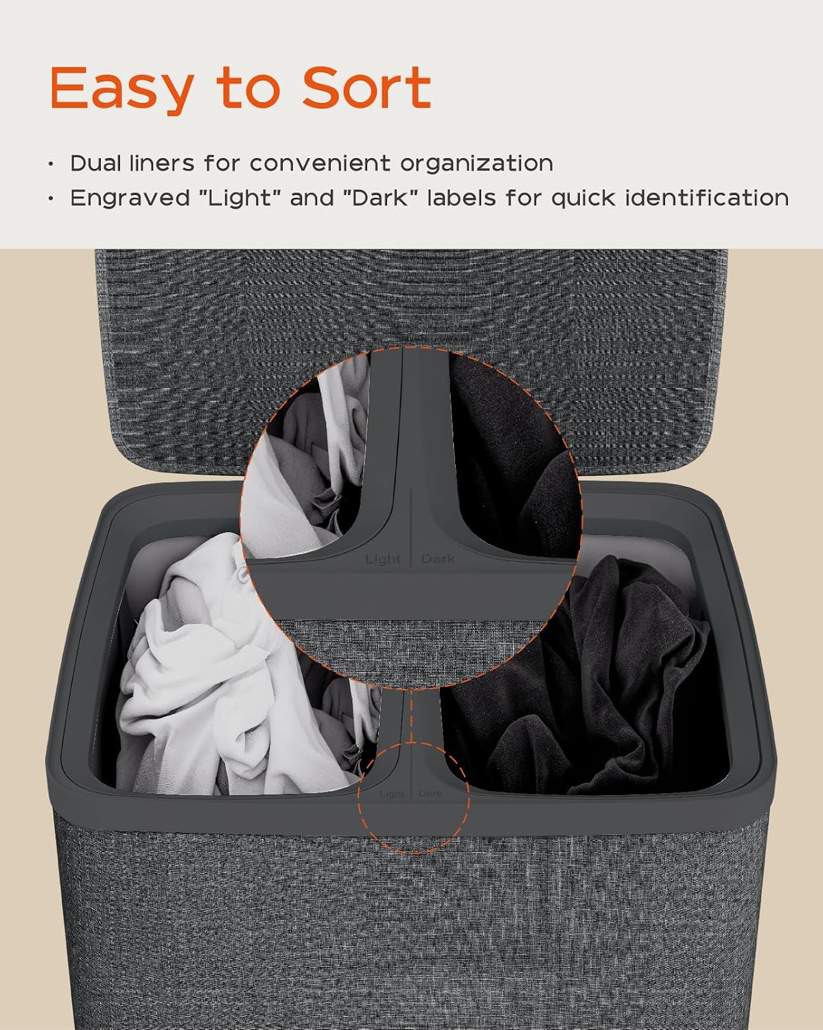 Laundry Basket with Lid, Laundry Hamper 2 Section, 170L collapsible Laundry Organizer, Easy Assembly, with Handles and Removable Liners, 22 x 15.7 x 29.5 Inches, Beige JSP903M