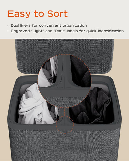Laundry Basket with Lid, Laundry Hamper 2 Section, 170L collapsible Laundry Organizer, Easy Assembly, with Handles and Removable Liners, 22 x 15.7 x 29.5 Inches, Beige JSP903M