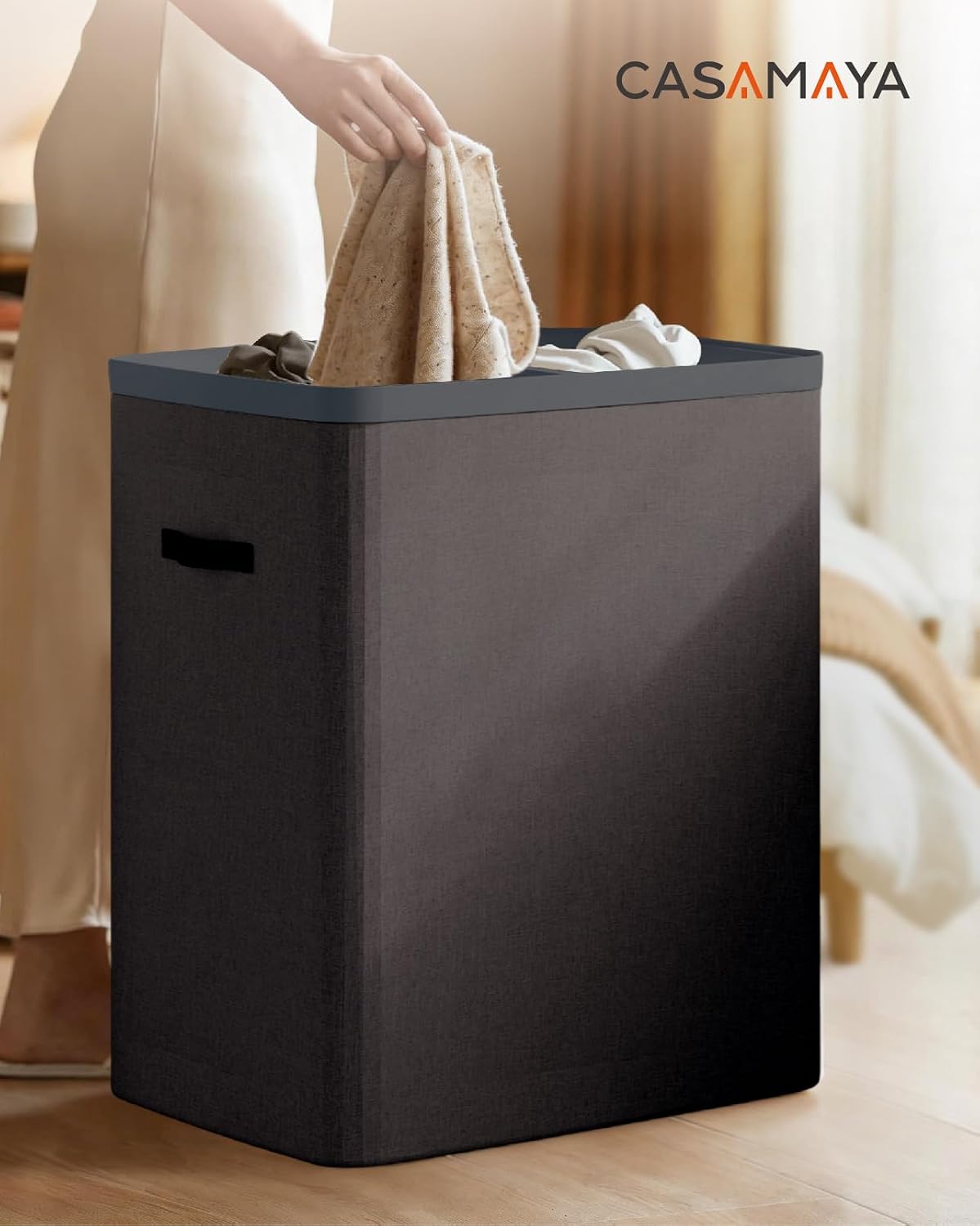 Laundry Basket with Lid, Laundry Hamper 2 Section, 170L collapsible Laundry Organizer, Easy Assembly, with Handles and Removable Liners, 22 x 15.7 x 29.5 Inches, Beige JSP903M