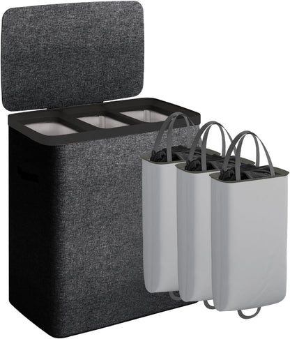 Laundry Basket with Lid, Laundry Hamper 2 Section, 170L collapsible Laundry Organizer, Easy Assembly, with Handles and Removable Liners, 22 x 15.7 x 29.5 Inches, Beige JSP903M