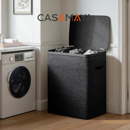 Laundry Basket with Lid, Laundry Hamper 2 Section, 170L collapsible Laundry Organizer, Easy Assembly, with Handles and Removable Liners, 22 x 15.7 x 29.5 Inches, Beige JSP903M