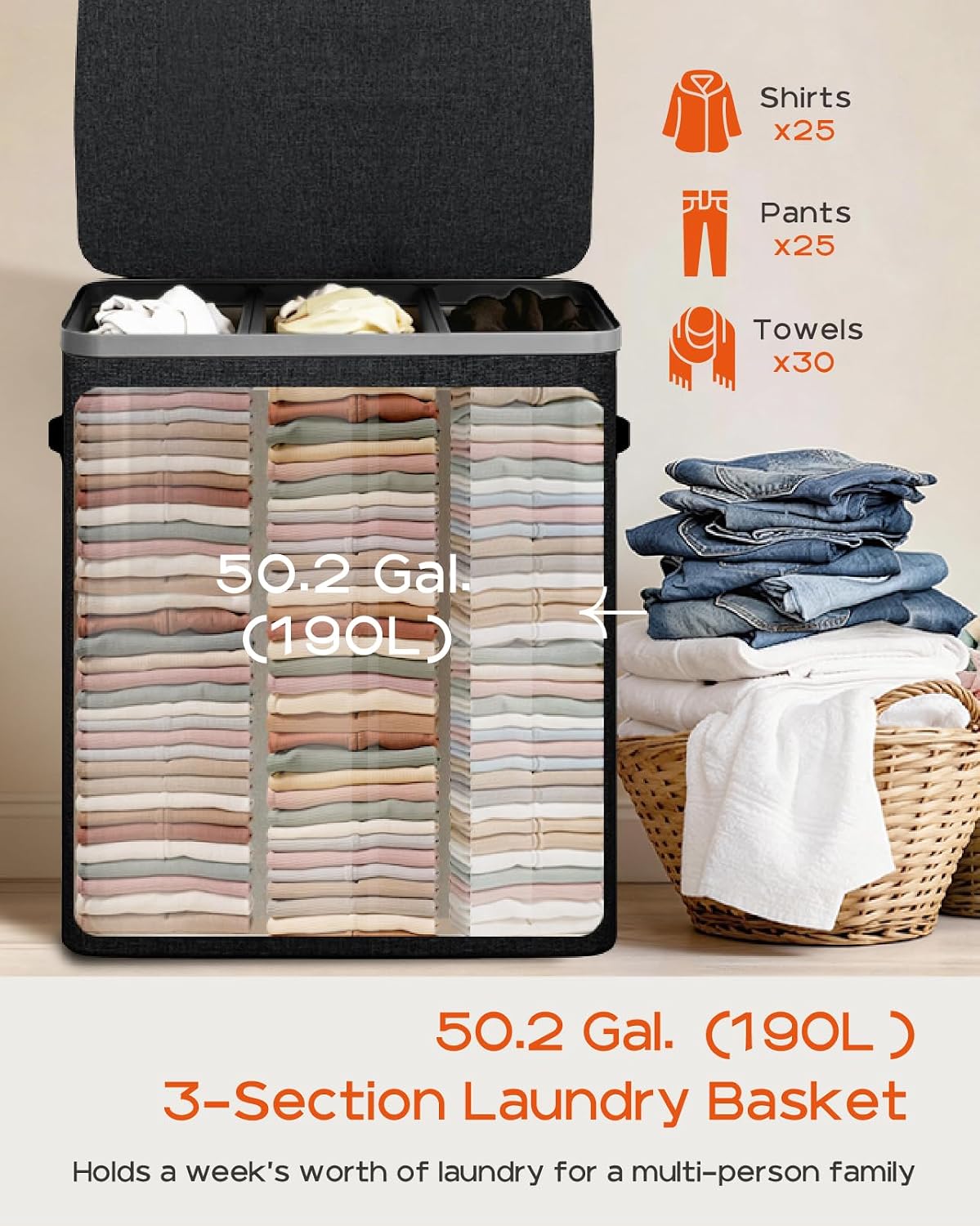 Laundry Basket with Lid, Laundry Hamper 2 Section, 170L collapsible Laundry Organizer, Easy Assembly, with Handles and Removable Liners, 22 x 15.7 x 29.5 Inches, Beige JSP903M