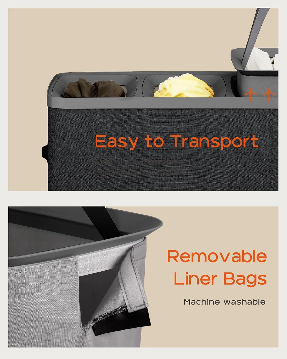 Laundry Basket with Lid, Laundry Hamper 2 Section, 170L collapsible Laundry Organizer, Easy Assembly, with Handles and Removable Liners, 22 x 15.7 x 29.5 Inches, Beige JSP903M