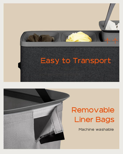 Laundry Basket with Lid, Laundry Hamper 2 Section, 170L collapsible Laundry Organizer, Easy Assembly, with Handles and Removable Liners, 22 x 15.7 x 29.5 Inches, Beige JSP903M